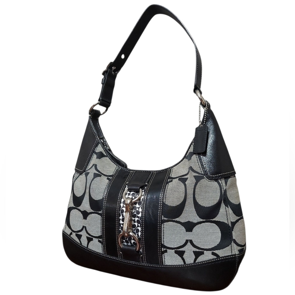 Coach Y2K Hampton Jacquard & Leather Zip Shoulder Bag EUC - Picture 2 of 13